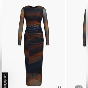 Tie dye ruched detail mesh midi dress